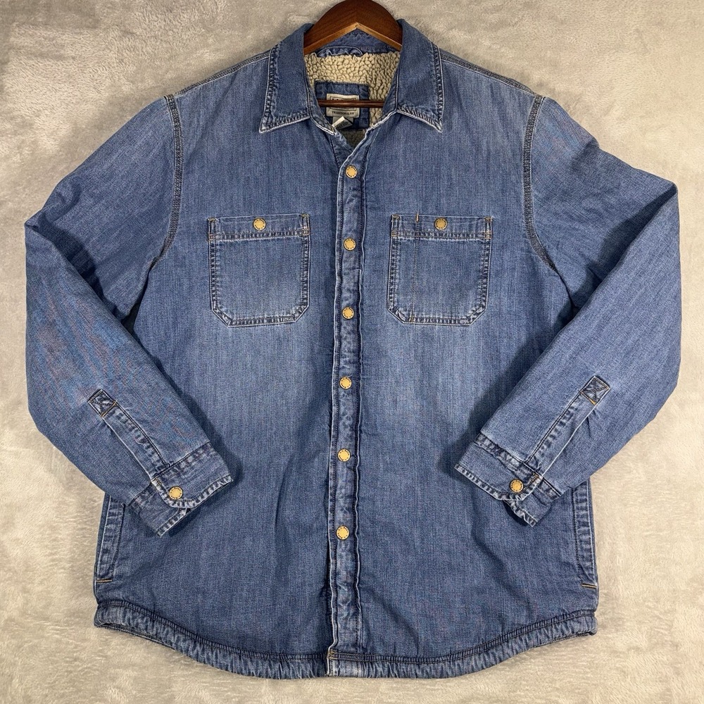 LL Bean 1912 Heritage Sherpa Lined Denim Shirt Jacket Men's Med Snap Up Shacket - Picture 3 of 15